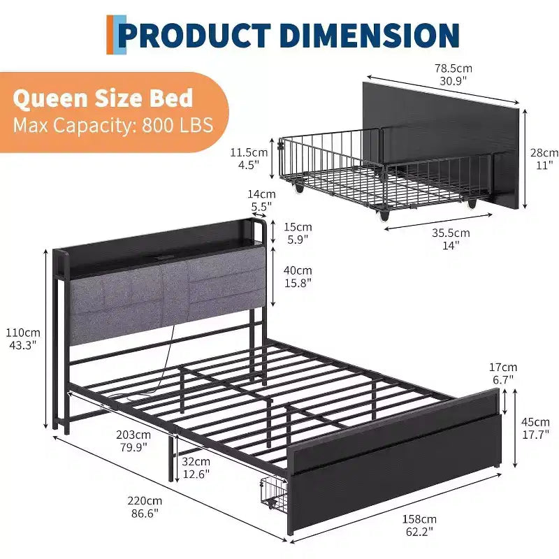 Struttura Letto Matrimoniale Queen con Cassetti Contenitore, Testiera Imbottita, Rete a Doghe in Metallo, Stazione di Ricarica, Scaffale a 2 Livelli, Nero