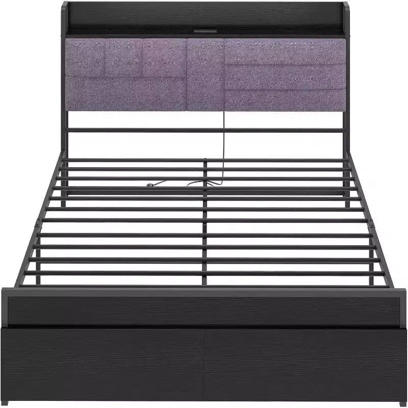 Struttura Letto Matrimoniale Queen con Cassetti Contenitore, Testiera Imbottita, Rete a Doghe in Metallo, Stazione di Ricarica, Scaffale a 2 Livelli, Nero