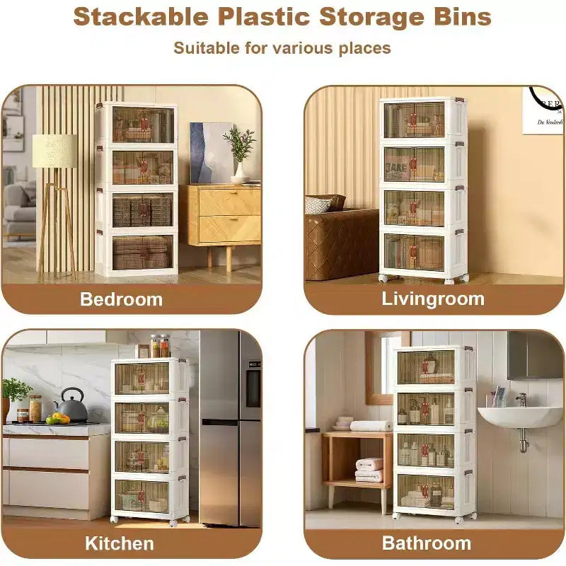 Contenitori impilabili in plastica a 4 ripiani con ruote, scatole organizer pieghevoli da 68 litri con ante traslucide e chiusure magnetiche
