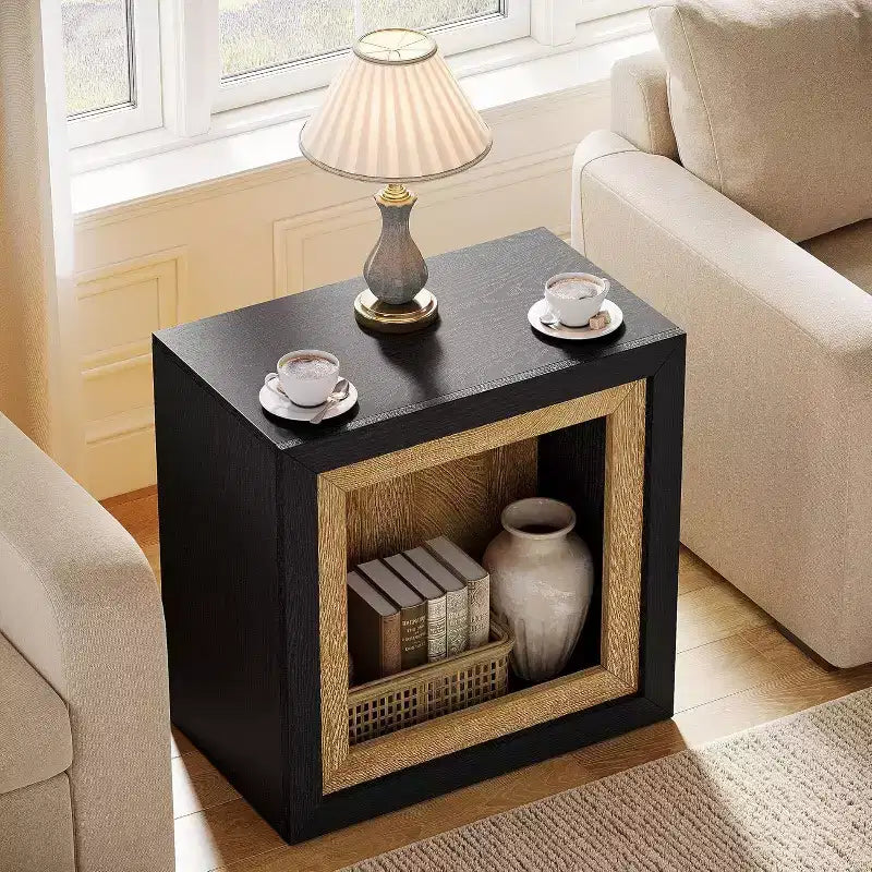 Tavolino da salotto in legno con design ispirato a una cornice, tavolino rustico a cubo per soggiorno, ingresso, nero e marrone