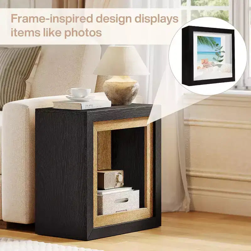 Tavolino da salotto in legno con design ispirato a una cornice, tavolino rustico a cubo per soggiorno, ingresso, nero e marrone