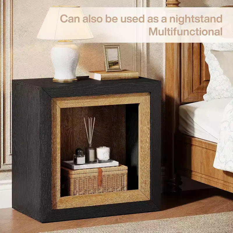 Tavolino da salotto in legno con design ispirato a una cornice, tavolino rustico a cubo per soggiorno, ingresso, nero e marrone