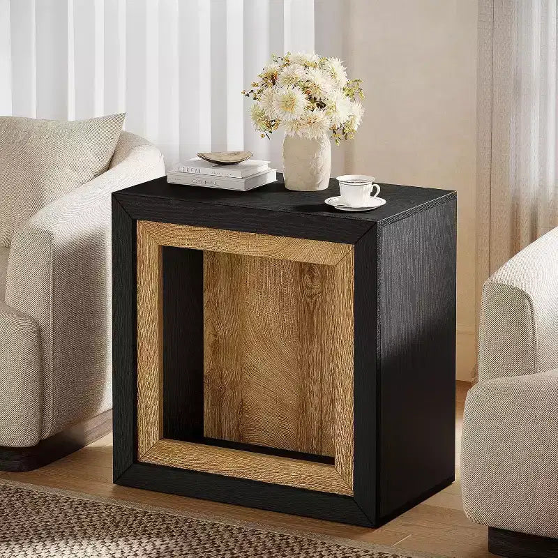Tavolino da salotto in legno con design ispirato a una cornice, tavolino rustico a cubo per soggiorno, ingresso, nero e marrone