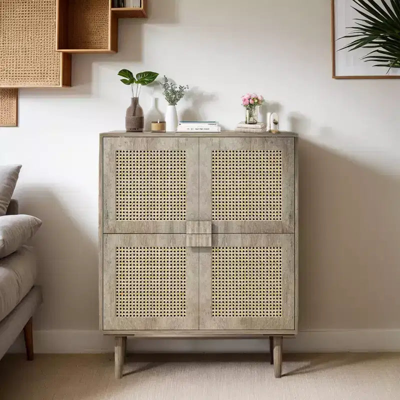 Mobile Credenza in Rattan Intrecciato, Mobiletto con 4 Ante e 8 Ripiani, Credenza Contenitore per Soggiorno, Sala da Pranzo, Cucina