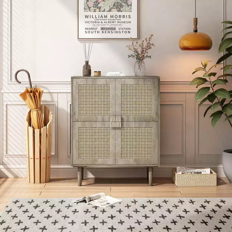 Mobile Credenza in Rattan Intrecciato, Mobiletto con 4 Ante e 8 Ripiani, Credenza Contenitore per Soggiorno, Sala da Pranzo, Cucina