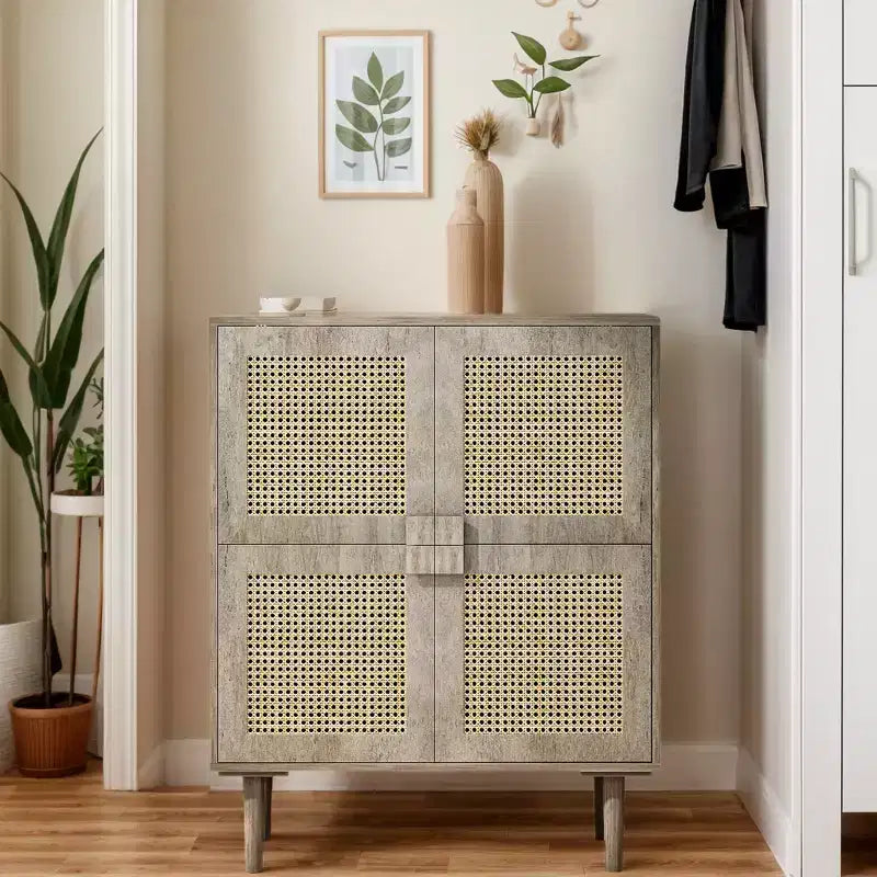 Mobile Credenza in Rattan Intrecciato, Mobiletto con 4 Ante e 8 Ripiani, Credenza Contenitore per Soggiorno, Sala da Pranzo, Cucina