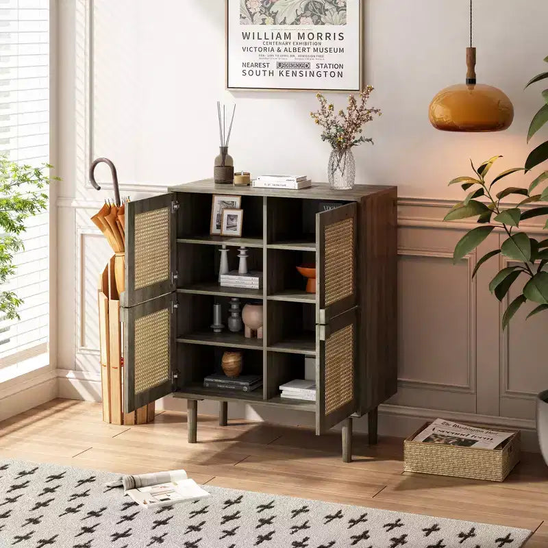 Mobile Credenza in Rattan Intrecciato, Mobiletto con 4 Ante e 8 Ripiani, Credenza Contenitore per Soggiorno, Sala da Pranzo, Cucina