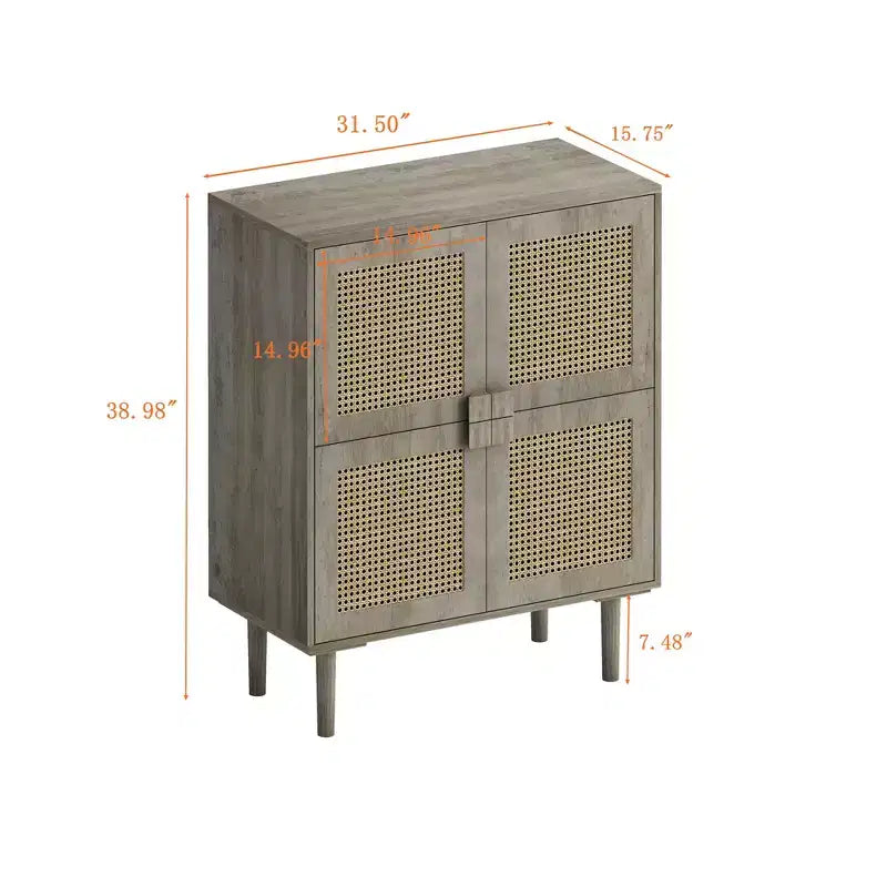 Mobile Credenza in Rattan Intrecciato, Mobiletto con 4 Ante e 8 Ripiani, Credenza Contenitore per Soggiorno, Sala da Pranzo, Cucina