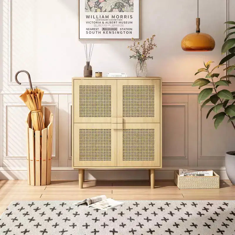 Mobile Credenza in Rattan Intrecciato, Mobiletto con 4 Ante e 8 Ripiani, Credenza Contenitore per Soggiorno, Sala da Pranzo, Cucina