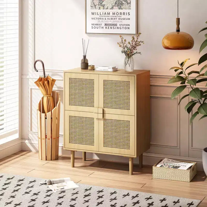 Mobile Credenza in Rattan Intrecciato, Mobiletto con 4 Ante e 8 Ripiani, Credenza Contenitore per Soggiorno, Sala da Pranzo, Cucina