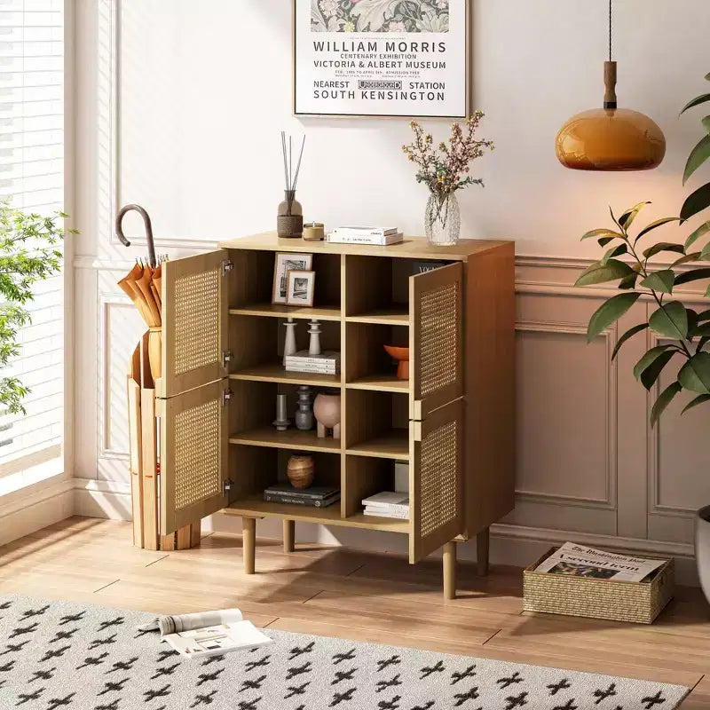 Mobile Credenza in Rattan Intrecciato, Mobiletto con 4 Ante e 8 Ripiani, Credenza Contenitore per Soggiorno, Sala da Pranzo, Cucina