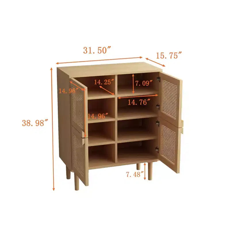 Mobile Credenza in Rattan Intrecciato, Mobiletto con 4 Ante e 8 Ripiani, Credenza Contenitore per Soggiorno, Sala da Pranzo, Cucina