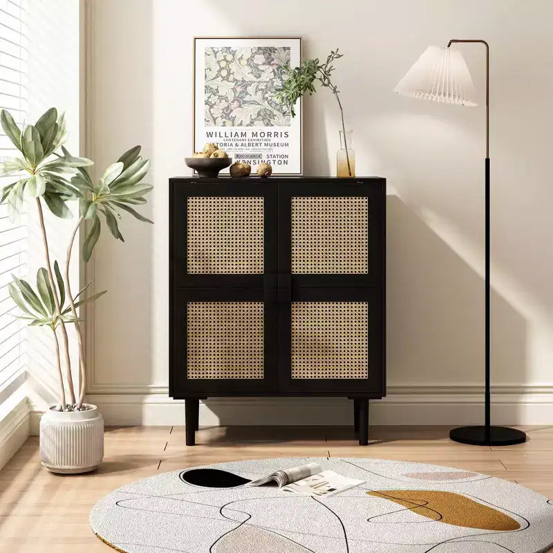 Mobile Credenza in Rattan Intrecciato, Mobiletto con 4 Ante e 8 Ripiani, Credenza Contenitore per Soggiorno, Sala da Pranzo, Cucina