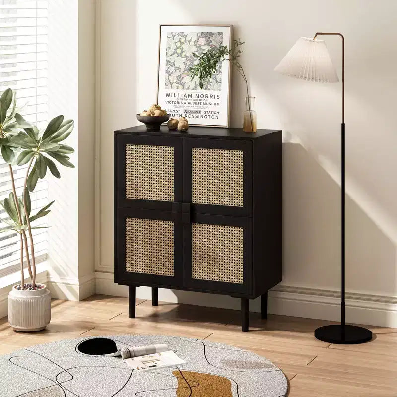 Mobile Credenza in Rattan Intrecciato, Mobiletto con 4 Ante e 8 Ripiani, Credenza Contenitore per Soggiorno, Sala da Pranzo, Cucina