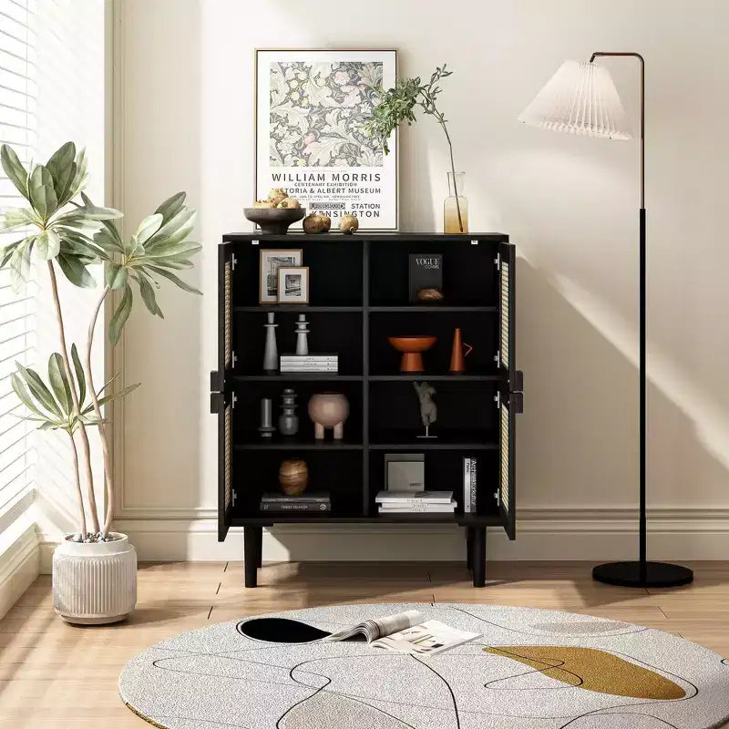 Mobile Credenza in Rattan Intrecciato, Mobiletto con 4 Ante e 8 Ripiani, Credenza Contenitore per Soggiorno, Sala da Pranzo, Cucina