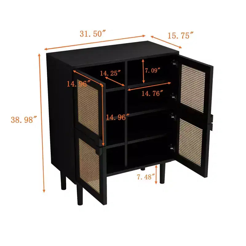 Mobile Credenza in Rattan Intrecciato, Mobiletto con 4 Ante e 8 Ripiani, Credenza Contenitore per Soggiorno, Sala da Pranzo, Cucina