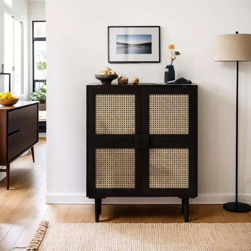 Mobile Credenza in Rattan Intrecciato, Mobiletto con 4 Ante e 8 Ripiani, Credenza Contenitore per Soggiorno, Sala da Pranzo, Cucina