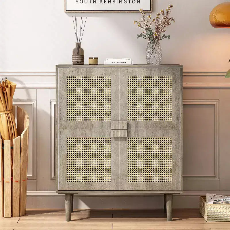 Mobile Credenza in Rattan Intrecciato, Mobiletto con 4 Ante e 8 Ripiani, Credenza Contenitore per Soggiorno, Sala da Pranzo, Cucina