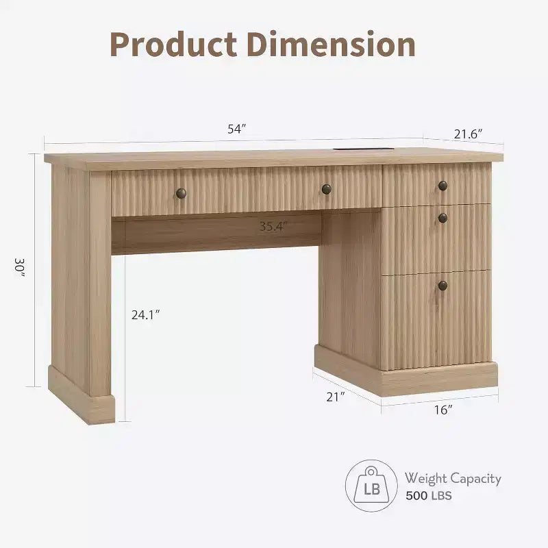 Scrivania direzionale moderna da 60 pollici con ripiano in legno scanalato, schedario e cassetti, spaziosa scrivania per ufficio, studio e camera da letto
