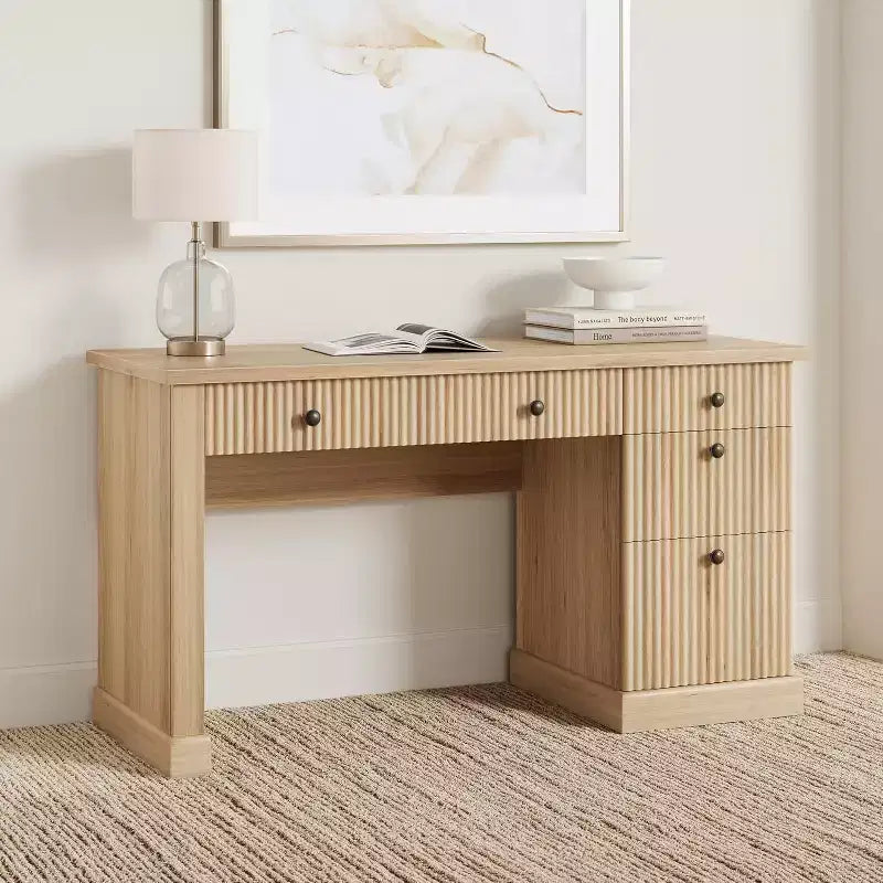 Scrivania direzionale moderna da 60 pollici con ripiano in legno scanalato, schedario e cassetti, spaziosa scrivania per ufficio, studio e camera da letto