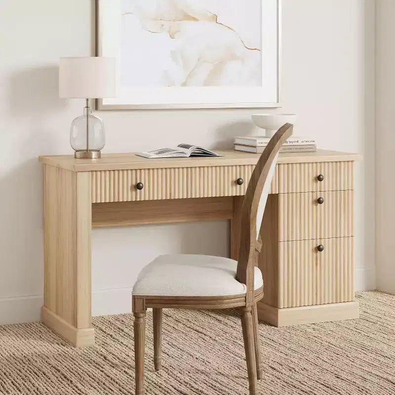 Scrivania direzionale moderna da 60 pollici con ripiano in legno scanalato, schedario e cassetti, spaziosa scrivania per ufficio, studio e camera da letto