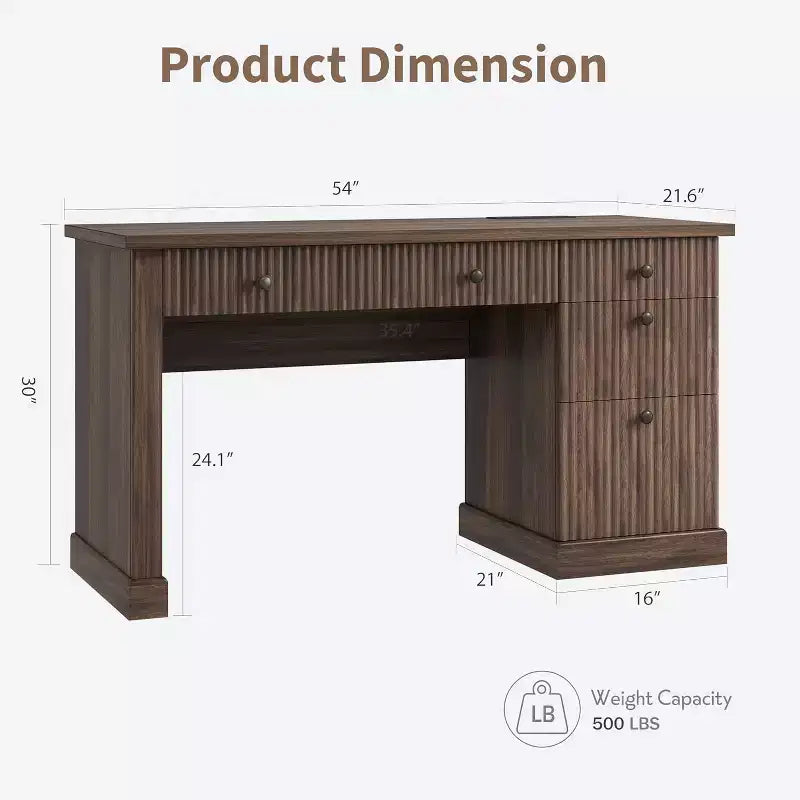 Scrivania direzionale moderna da 60 pollici con ripiano in legno scanalato, schedario e cassetti, spaziosa scrivania per ufficio, studio e camera da letto
