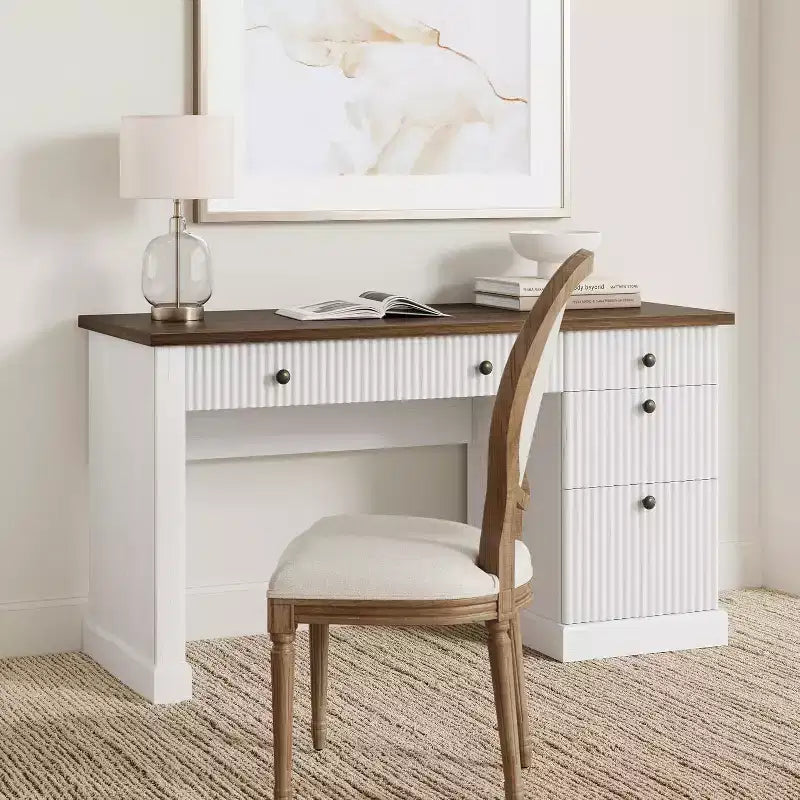 Scrivania direzionale moderna da 60 pollici con ripiano in legno scanalato, schedario e cassetti, spaziosa scrivania per ufficio, studio e camera da letto