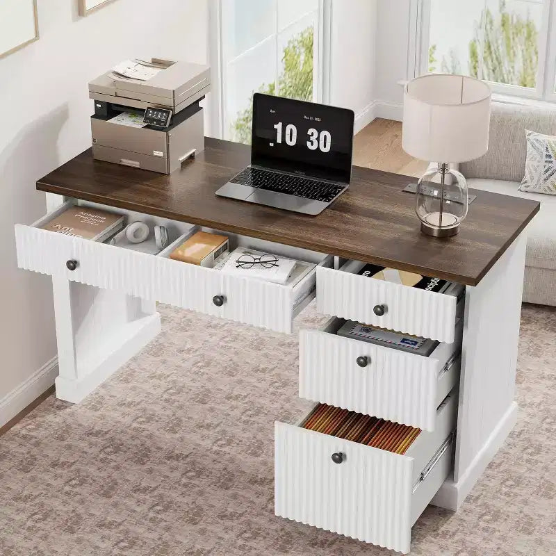 Scrivania direzionale moderna da 60 pollici con ripiano in legno scanalato, schedario e cassetti, spaziosa scrivania per ufficio, studio e camera da letto