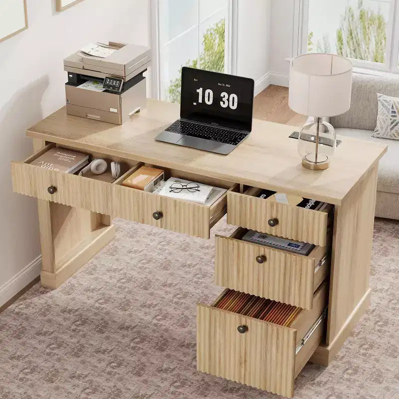 Scrivania direzionale moderna da 60 pollici con ripiano in legno scanalato, schedario e cassetti, spaziosa scrivania per ufficio, studio e camera da letto