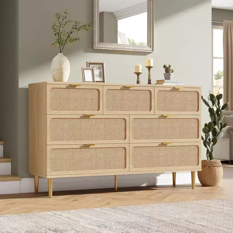 Cassettiera a 7 cassetti in rattan per camera da letto - Cassettiera in legno da 53,9 cm con maniglie in metallo, porta TV multifunzione e organizer contenitore