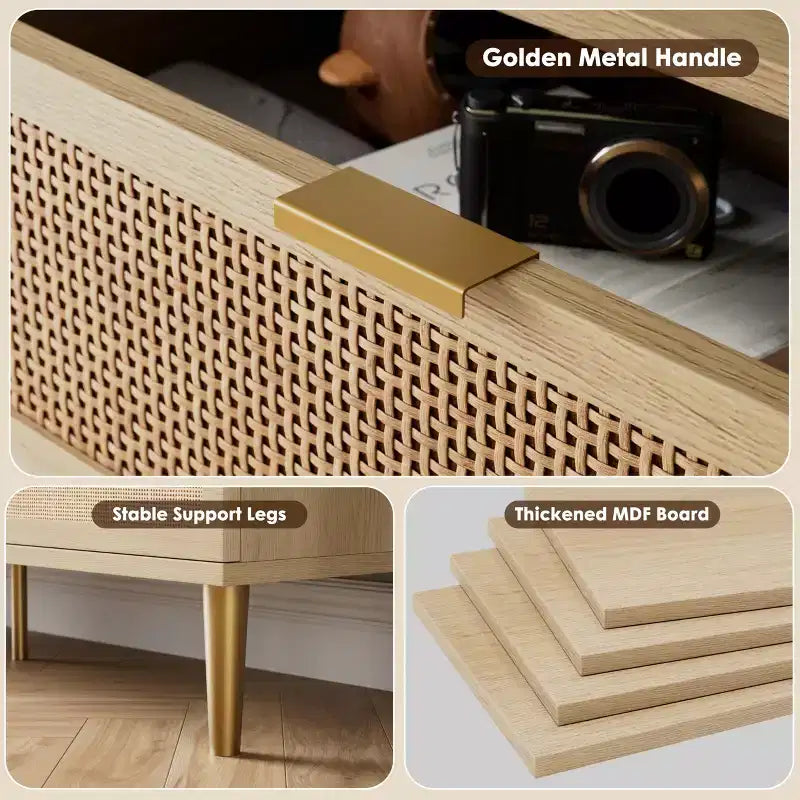 Cassettiera a 7 cassetti in rattan per camera da letto - Cassettiera in legno da 53,9 cm con maniglie in metallo, porta TV multifunzione e organizer contenitore