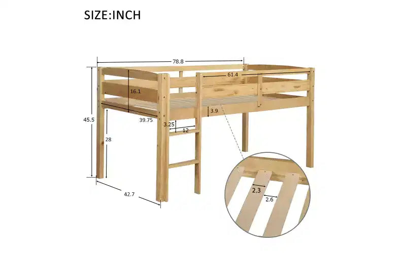 Letto a soppalco basso con scaletta, letto a soppalco in legno per adulti, bambini e ragazzi, supporto a doghe in legno, noce