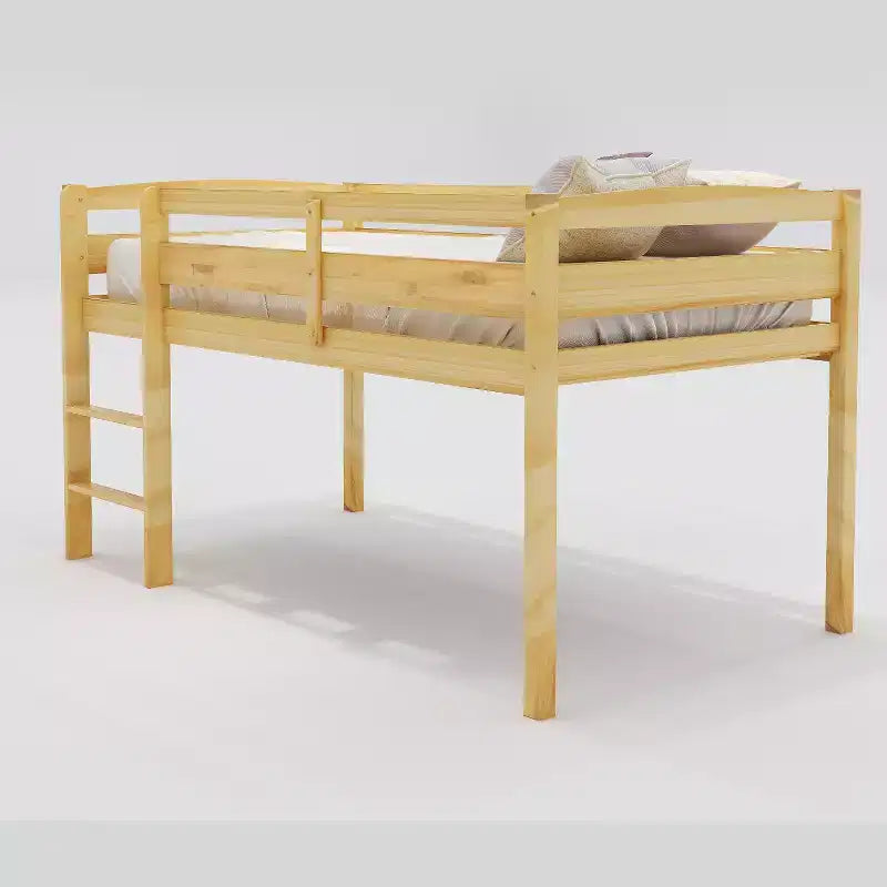 Letto a soppalco basso con scaletta, letto a soppalco in legno per adulti, bambini e ragazzi, supporto a doghe in legno, noce