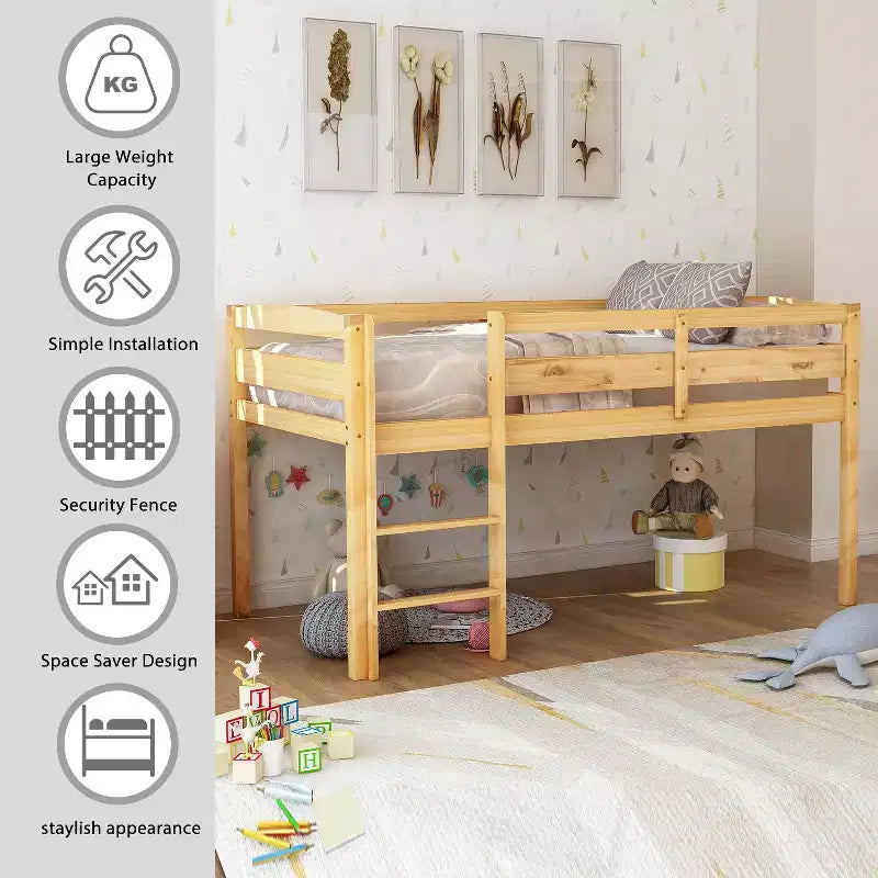 Letto a soppalco basso con scaletta, letto a soppalco in legno per adulti, bambini e ragazzi, supporto a doghe in legno, noce