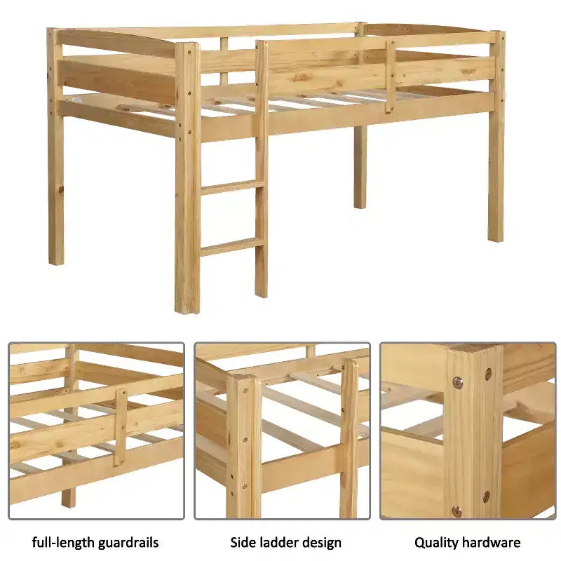 Letto a soppalco basso con scaletta, letto a soppalco in legno per adulti, bambini e ragazzi, supporto a doghe in legno, noce