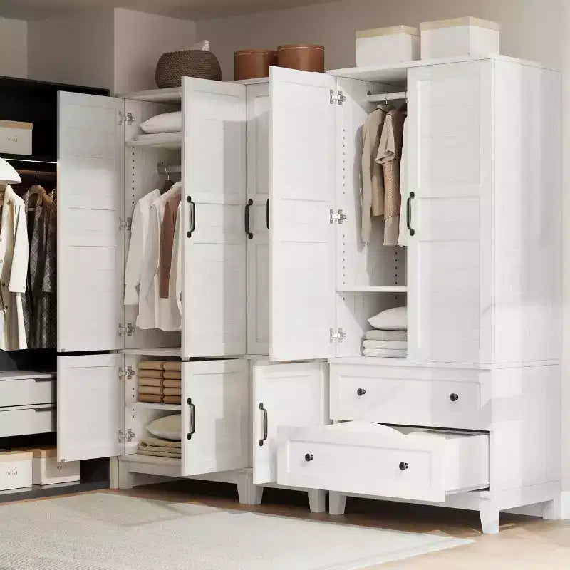 Armadio guardaroba in legno a 4 ante da 183 cm, armadio indipendente con asta appendiabiti e 18 ripiani regolabili per vestiti in camera da letto