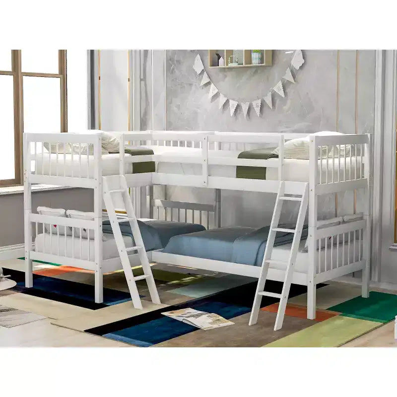 Letto a castello singolo su singolo per 4 bambini, Struttura letto a castello a L in legno massello per camera da letto