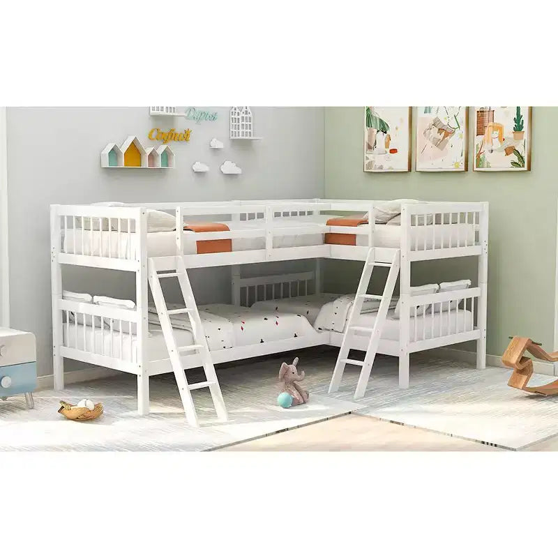 Letto a castello singolo su singolo per 4 bambini, Struttura letto a castello a L in legno massello per camera da letto