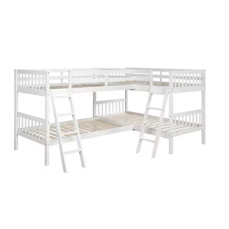 Letto a castello singolo su singolo per 4 bambini, Struttura letto a castello a L in legno massello per camera da letto