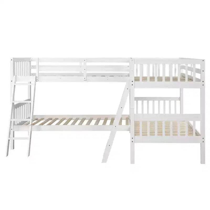 Letto a castello singolo su singolo per 4 bambini, Struttura letto a castello a L in legno massello per camera da letto