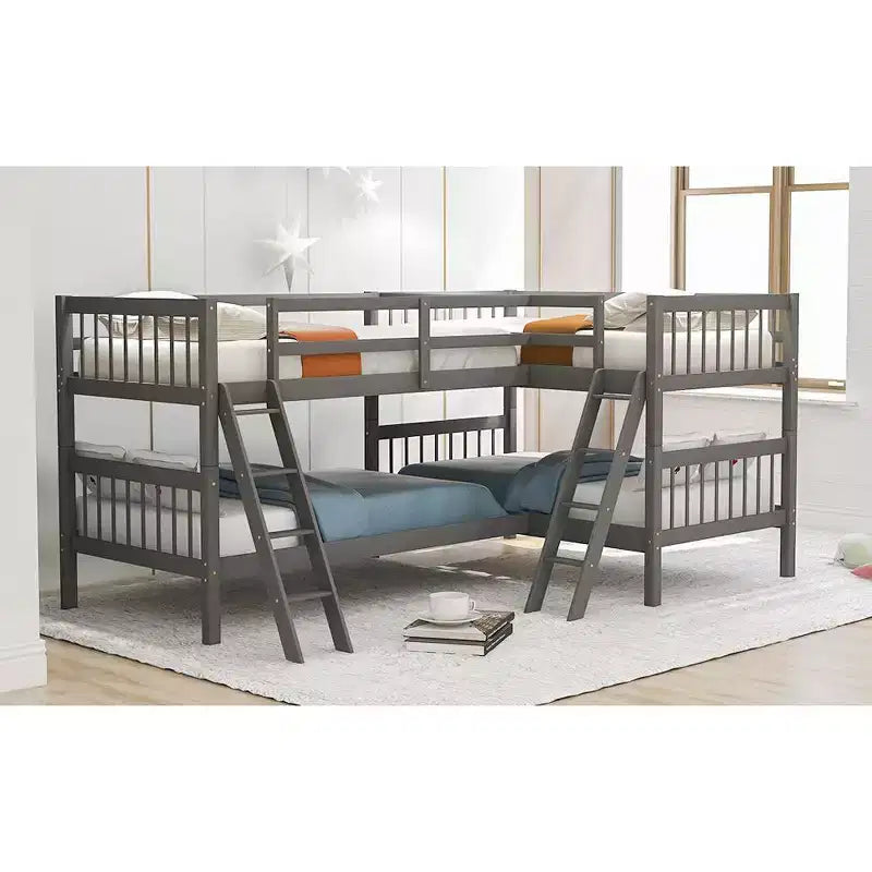 Letto a castello singolo su singolo per 4 bambini, Struttura letto a castello a L in legno massello per camera da letto
