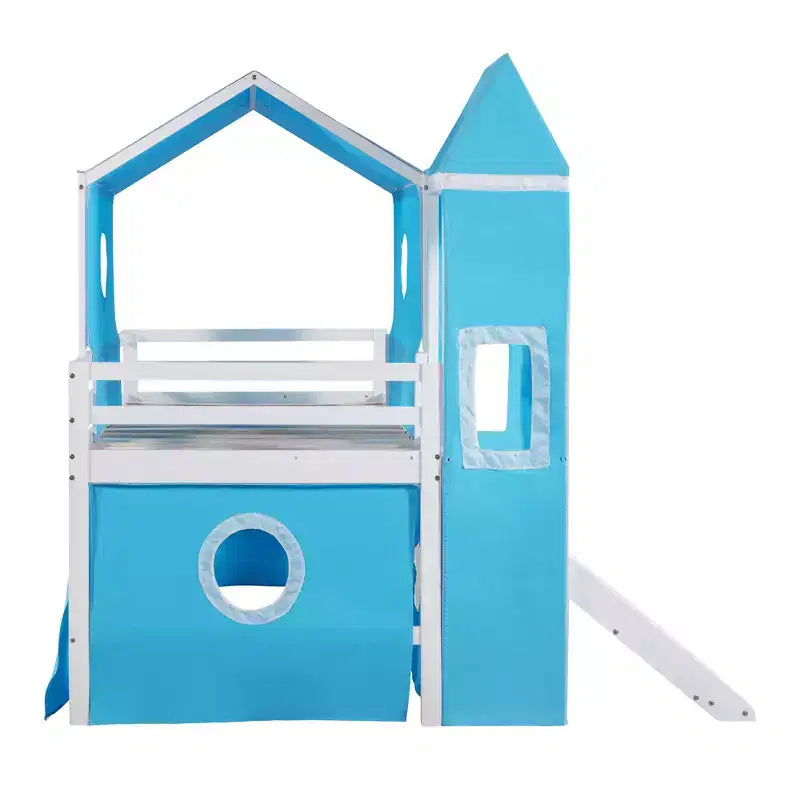 Letto a soppalco singolo con scivolo, struttura letto in legno a castello con tenda e torre per bambini e ragazzi, blu