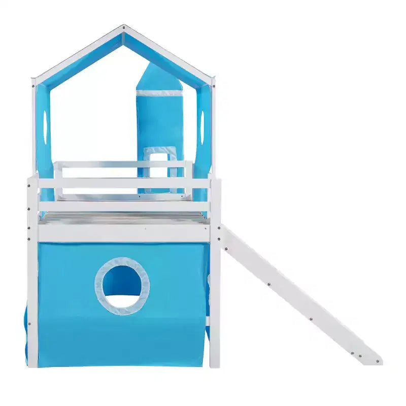 Letto a soppalco singolo con scivolo, struttura letto in legno a castello con tenda e torre per bambini e ragazzi, blu
