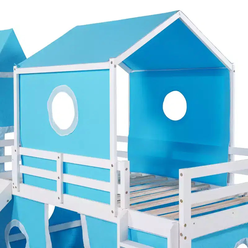 Letto a soppalco singolo con scivolo, struttura letto in legno a castello con tenda e torre per bambini e ragazzi, blu