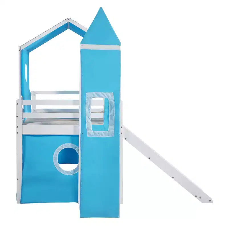 Letto a soppalco singolo con scivolo, struttura letto in legno a castello con tenda e torre per bambini e ragazzi, blu