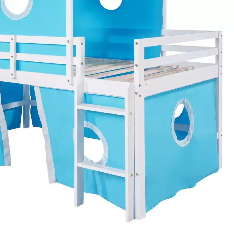 Letto a soppalco singolo con scivolo, struttura letto in legno a castello con tenda e torre per bambini e ragazzi, blu