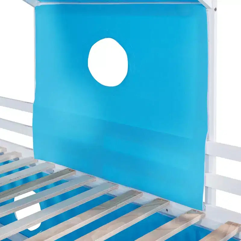 Letto a soppalco singolo con scivolo, struttura letto in legno a castello con tenda e torre per bambini e ragazzi, blu