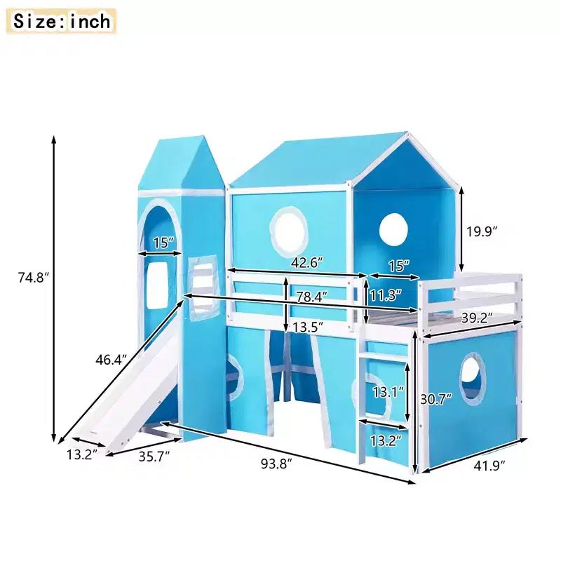 Letto a soppalco singolo con scivolo, struttura letto in legno a castello con tenda e torre per bambini e ragazzi, blu
