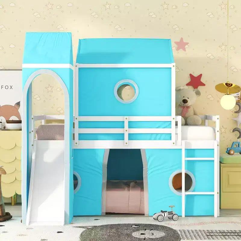 Letto a soppalco singolo con scivolo, struttura letto in legno a castello con tenda e torre per bambini e ragazzi, blu