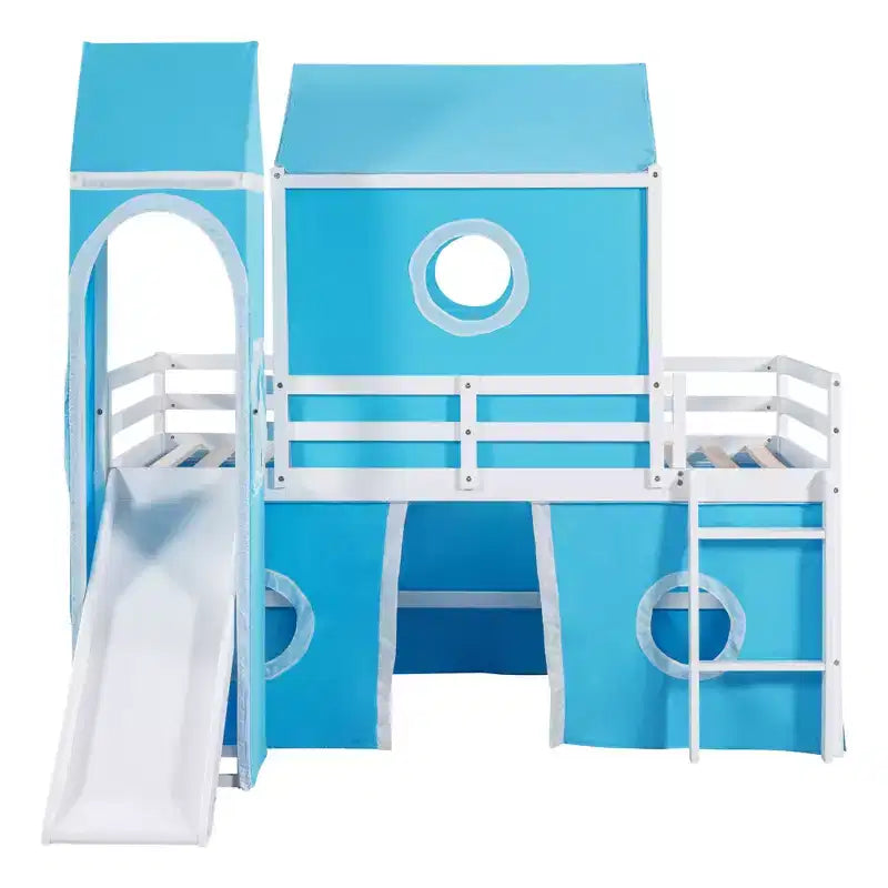 Letto a soppalco singolo con scivolo, struttura letto in legno a castello con tenda e torre per bambini e ragazzi, blu